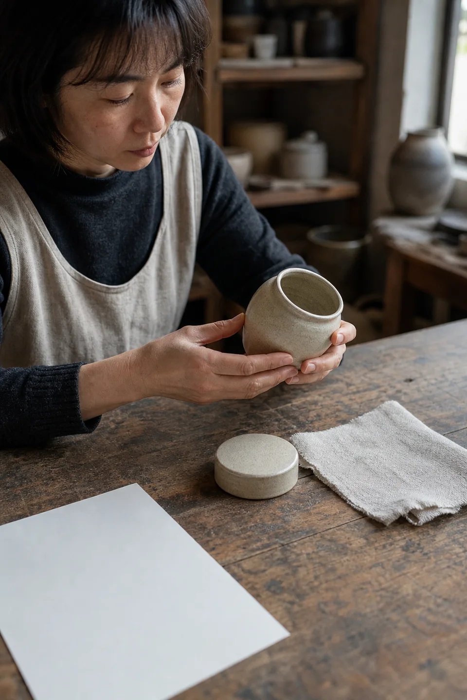 AI-generated editorial photograph of a maker comparing a handmade ceramic jar with a blank record sheet.