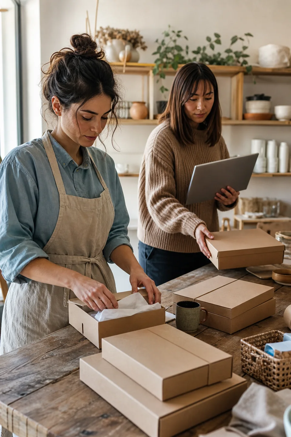 AI-generated editorial photograph of a maker preparing plain parcels beside a closed laptop during a seasonal rush.