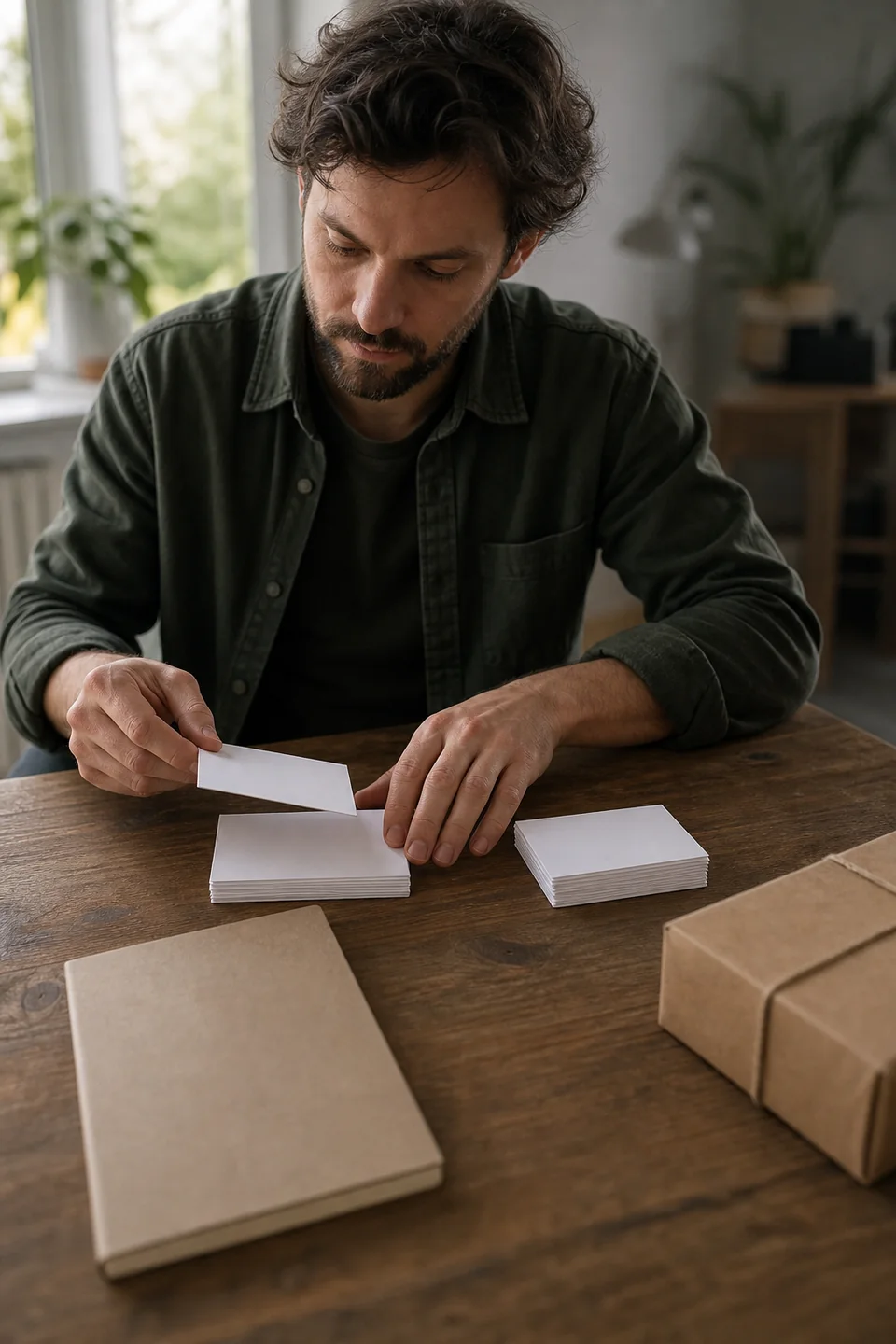 AI-generated editorial photograph of a maker sorting a small stack of blank contact cards at a desk.
