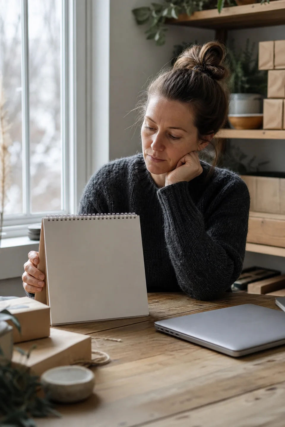 AI-generated editorial photograph of a maker planning beside a blank calendar and a closed laptop.