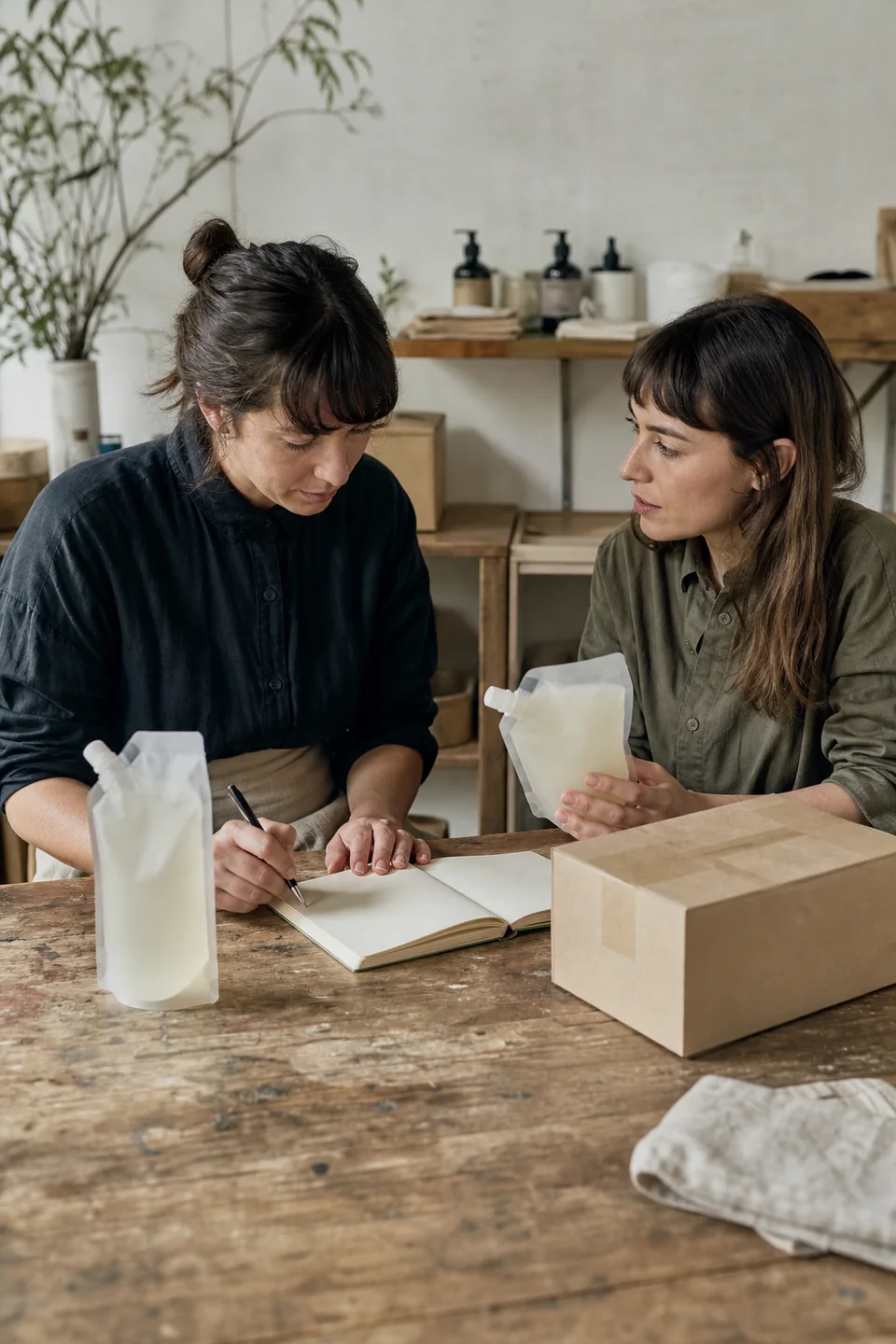 AI-generated editorial photograph of a maker writing beside a plain refill pouch and a few parcels.