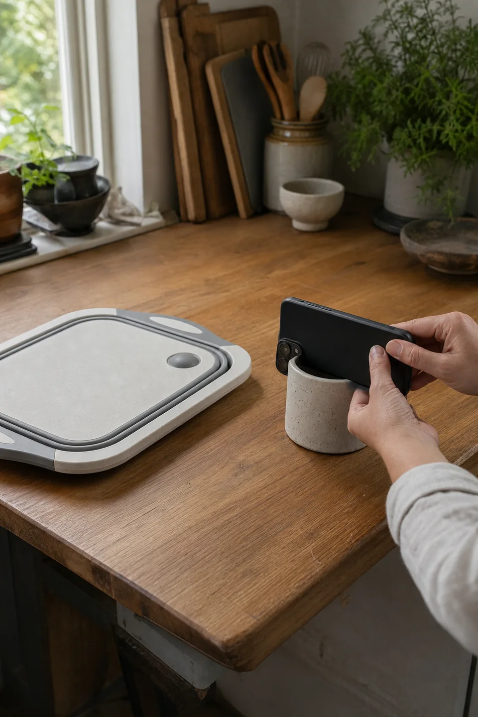 AI-generated editorial photograph of a maker holding a phone above a foldable chopping board in a home kitchen.