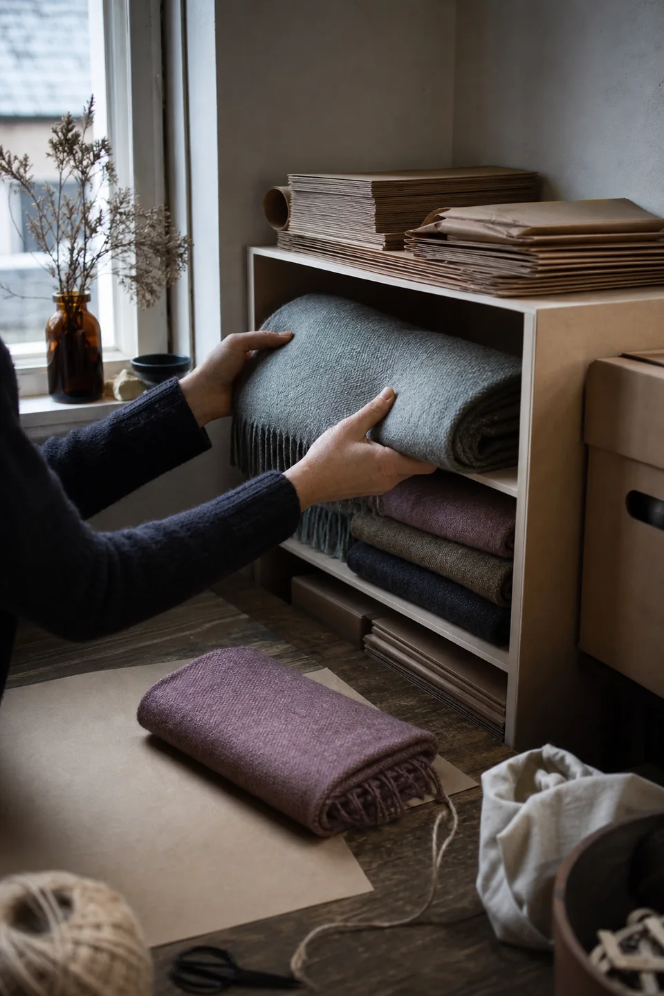 AI-generated editorial photograph of a maker storing a few remaining scarves and packaging in a tidy studio.