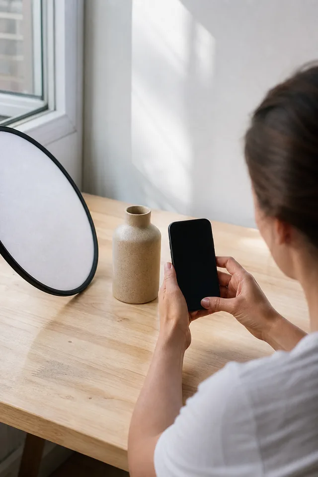 A maker photographs a small product beside a window.