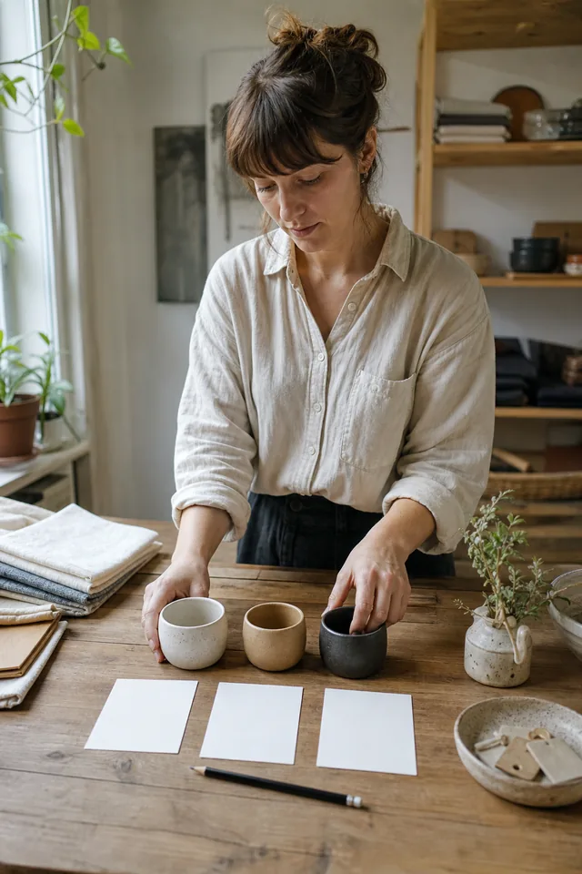 A maker compares product options arranged on a worktable.
