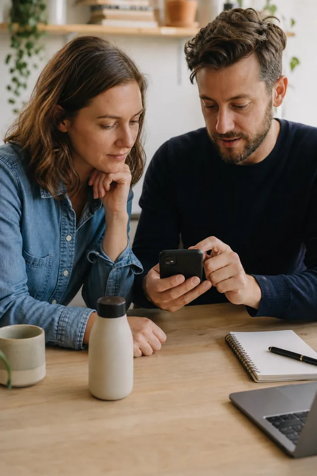 Two people review a product page together on a phone.