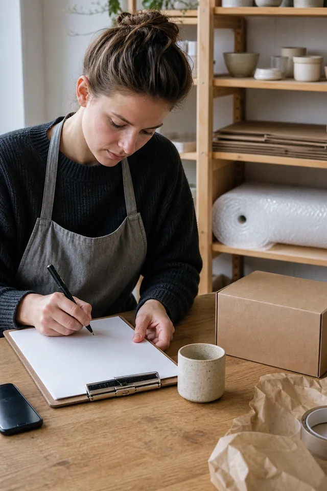A maker checks product details against notes at a worktable.