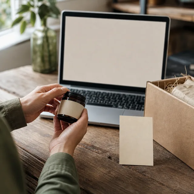 AI-generated editorial photograph of a maker holding a product beside a blank laptop and parcel.