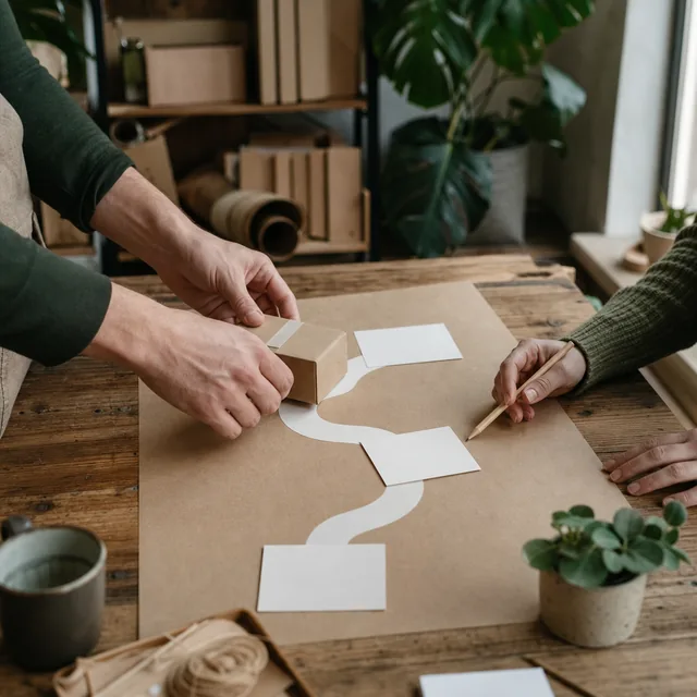 AI-generated editorial photograph of two makers moving a parcel along a blank planning route.