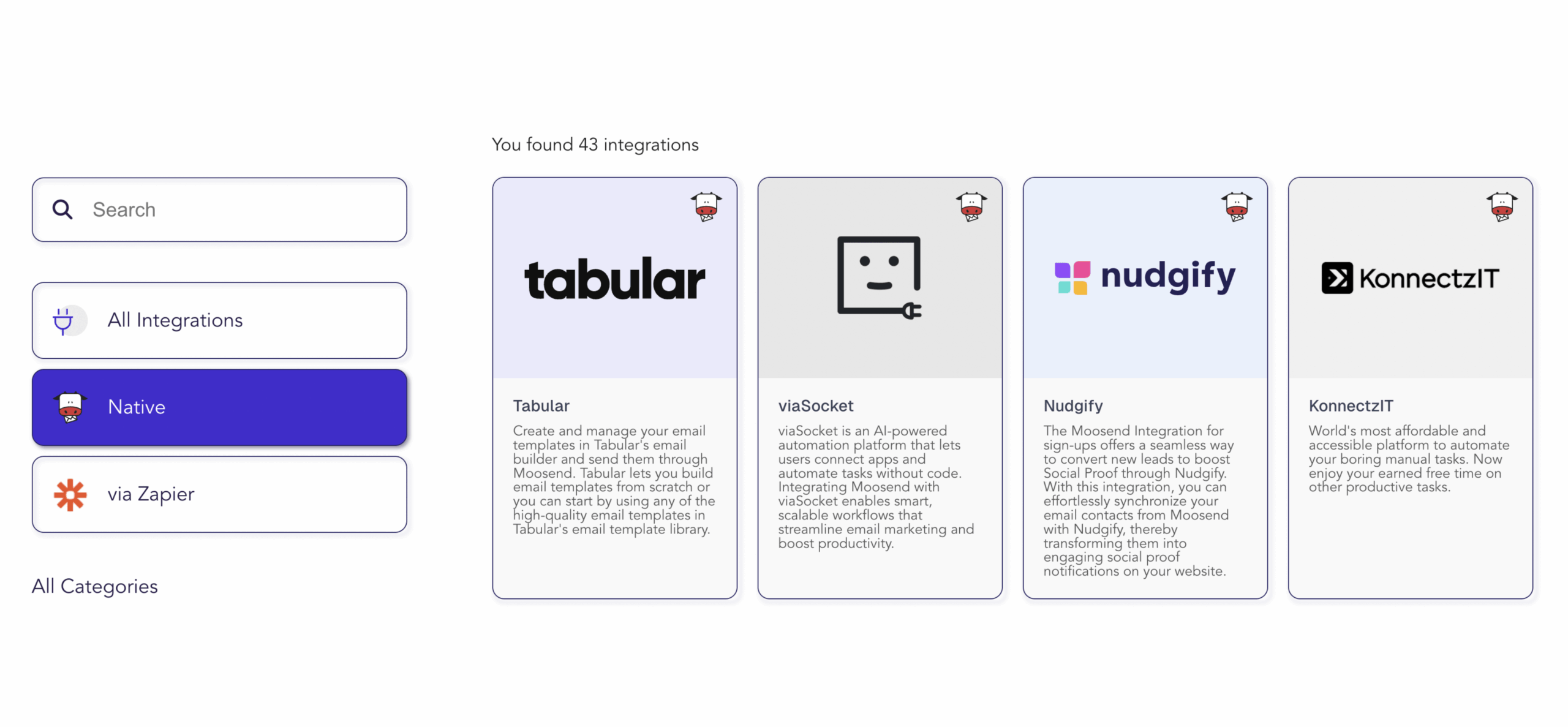 Moosend integrations directory showing connected apps and integration options.