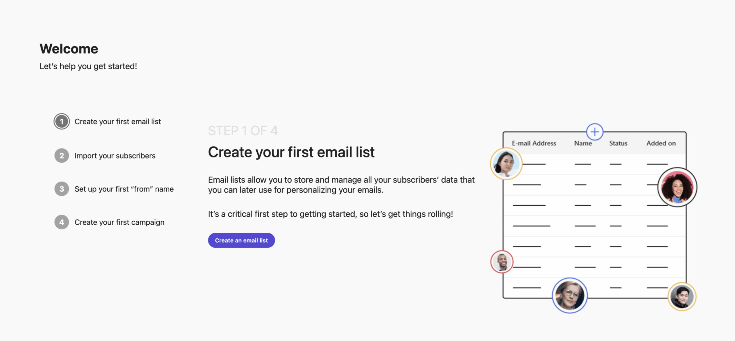 Moosend onboarding screen showing initial account setup steps.