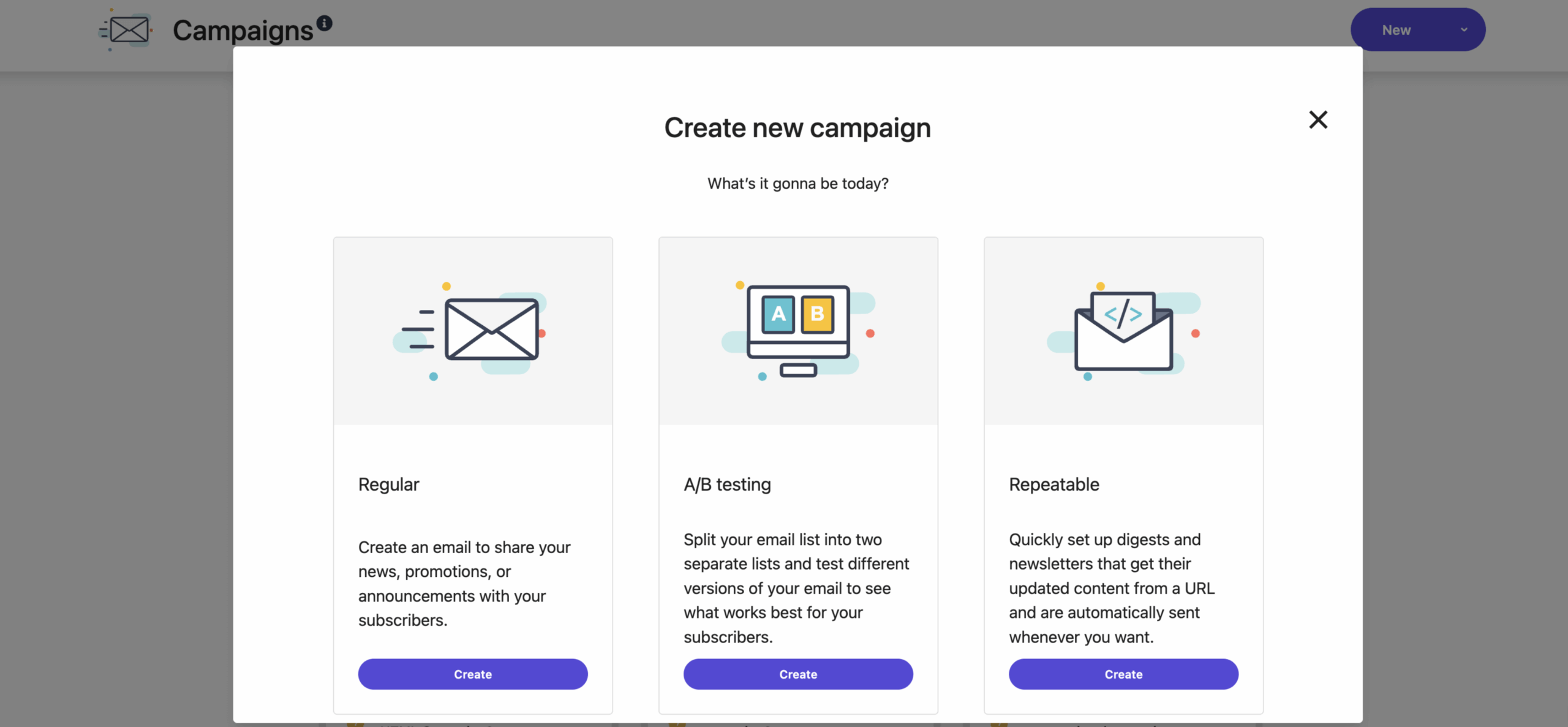 Moosend campaign type selector showing regular, A/B, RSS and repeatable HTML campaigns.
