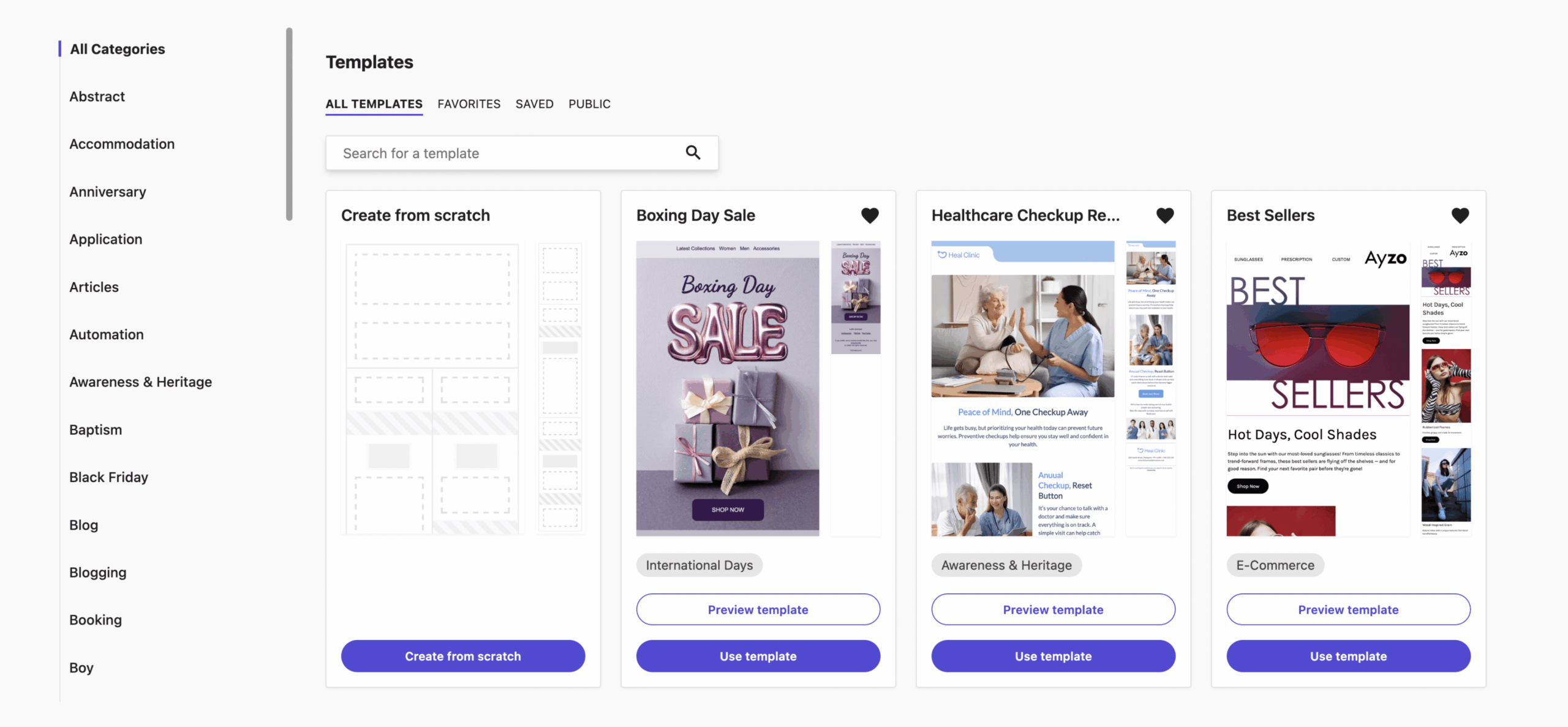 Moosend email template library showing available campaign designs.