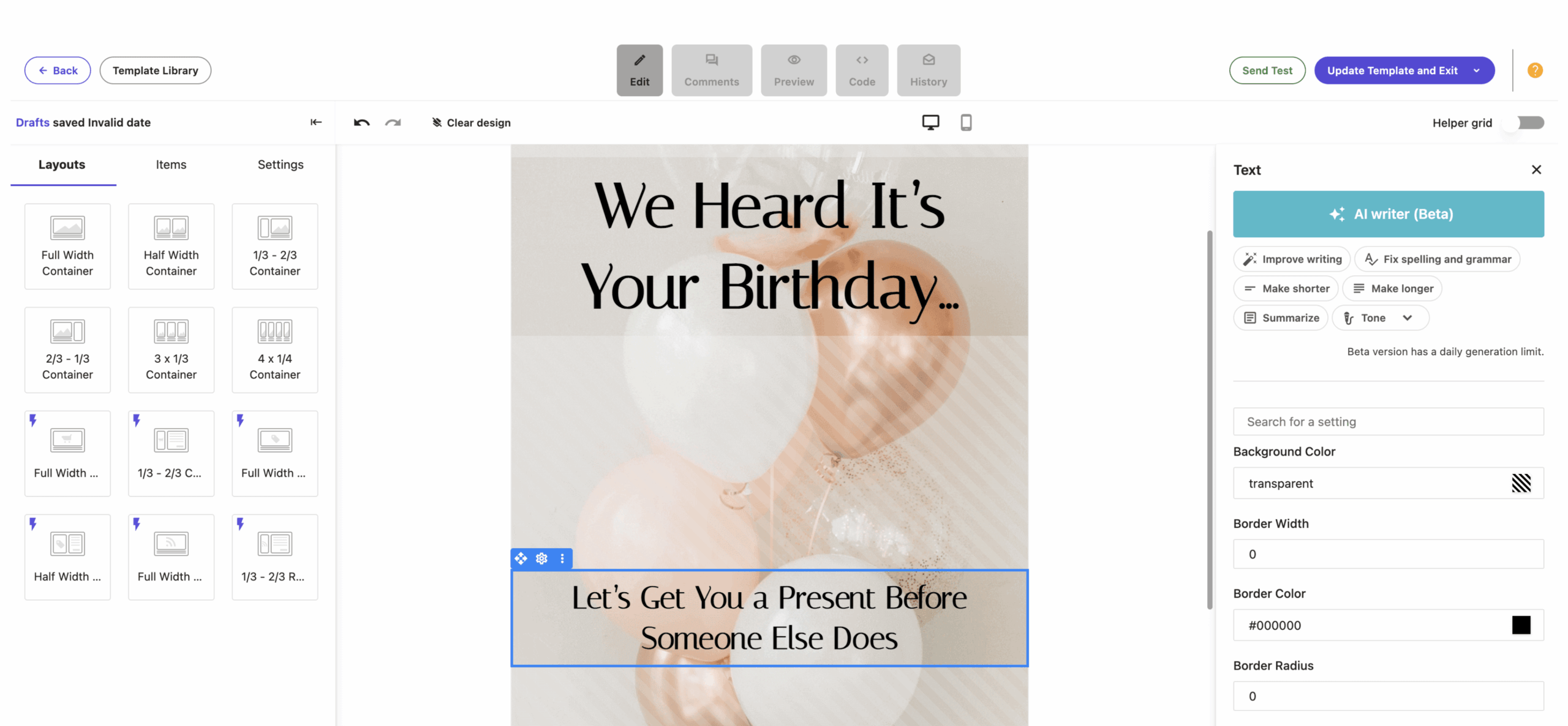 Moosend drag-and-drop email editor showing layout and content controls.