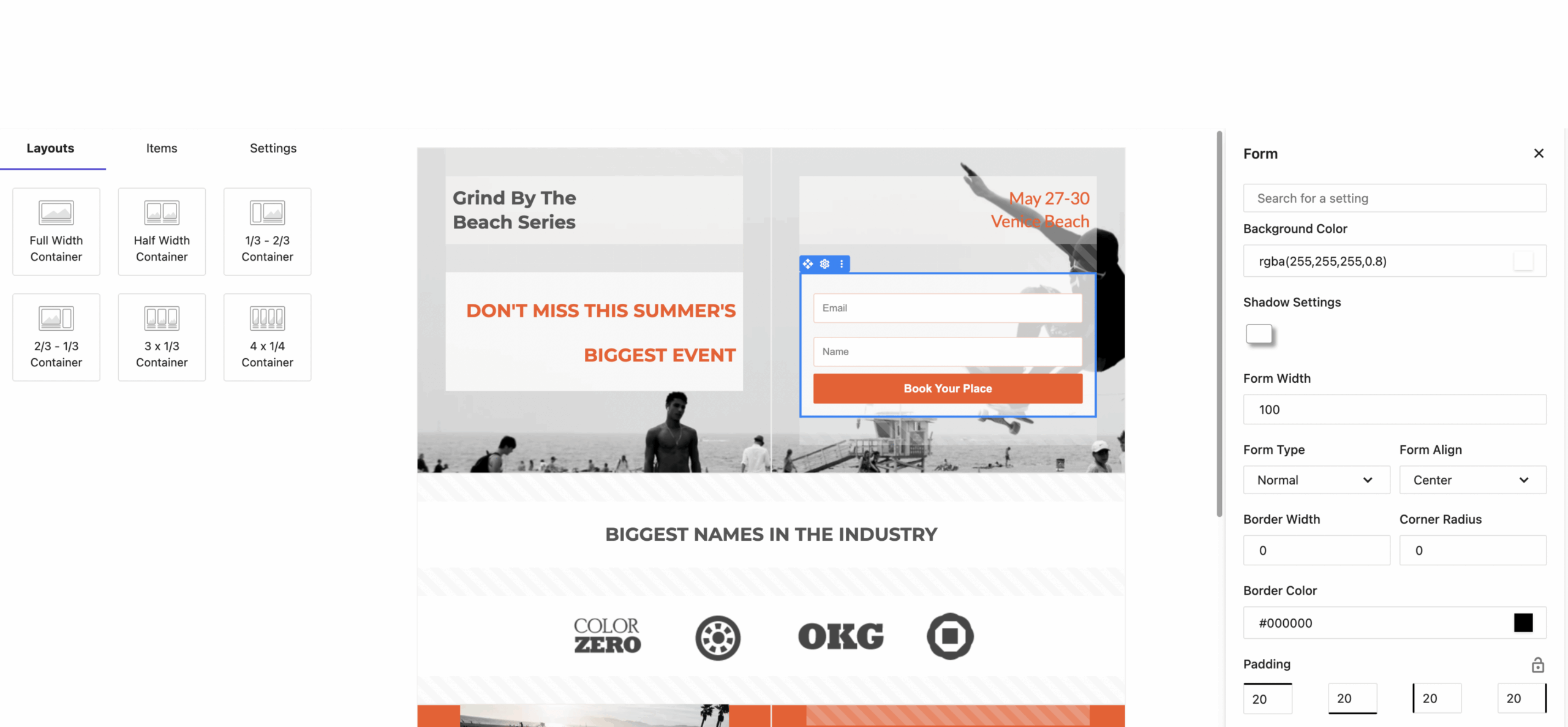 Moosend landing page builder showing a landing page design.