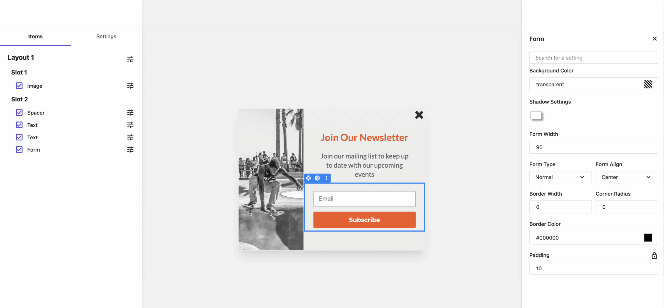 Moosend subscription form builder showing form design options.