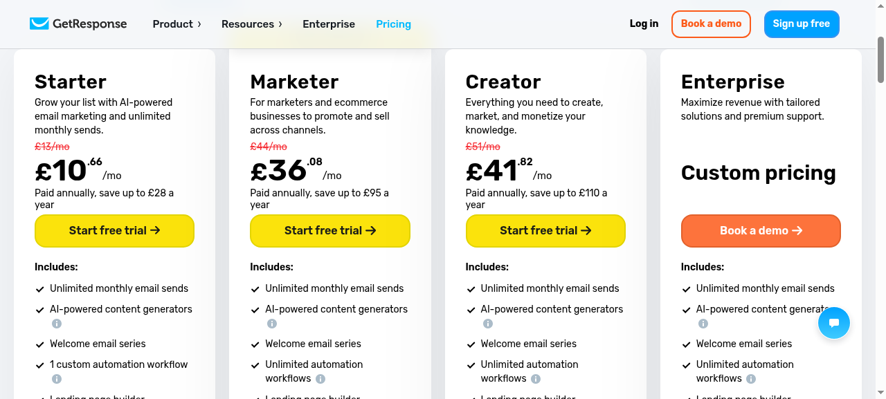 GetResponse pricing plans