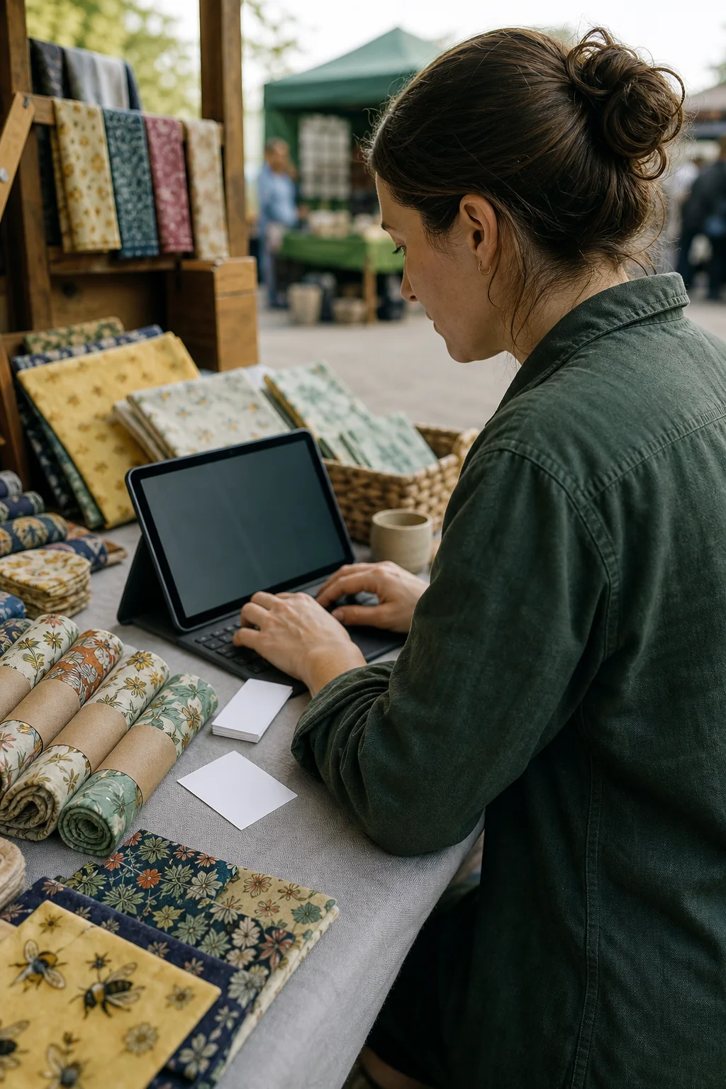 AI-generated illustrative concept art showing a maker entering signup details at a market stall.