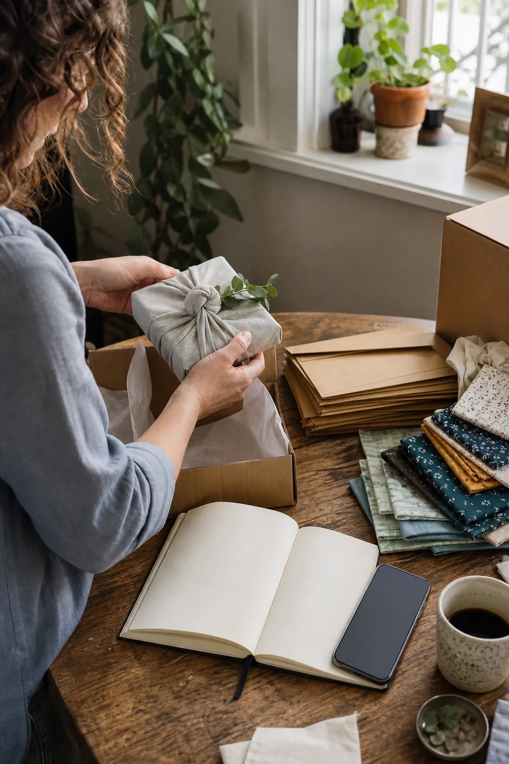 AI-generated illustrative concept art showing a maker preparing a parcel after a market.