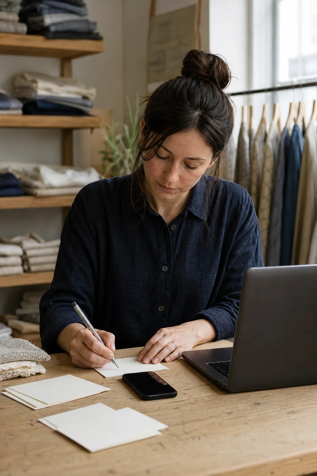 AI-generated editorial photograph of a linen maker preparing a gentle customer email at a desk with blank cards