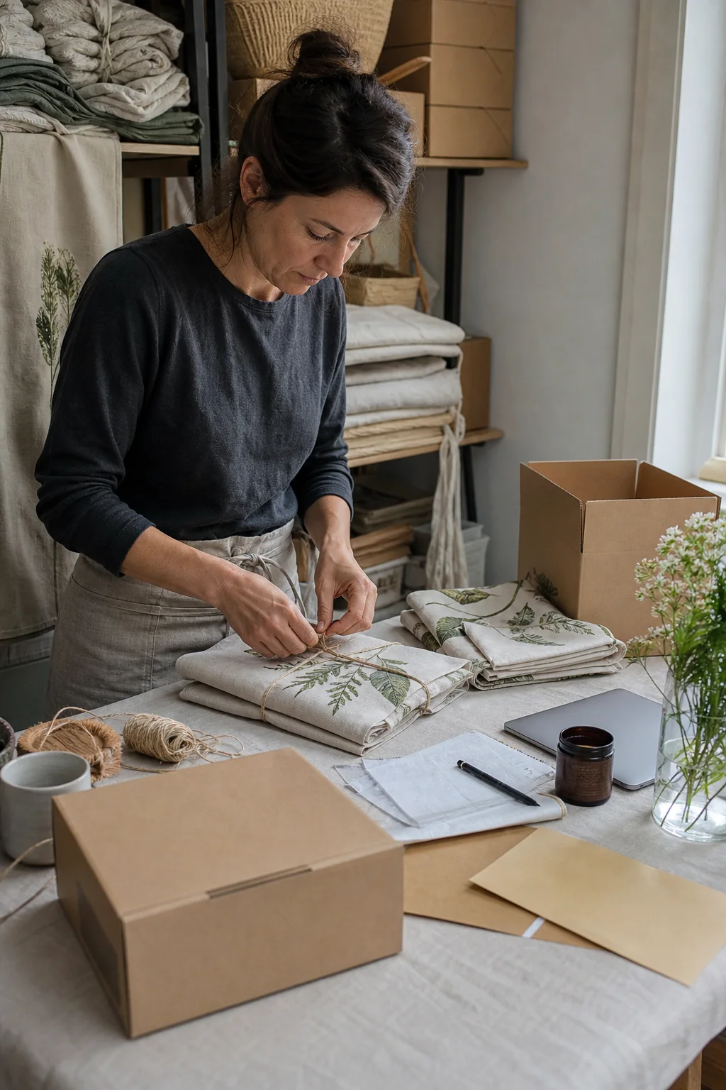 AI-generated editorial photograph of a linen maker packing unbranded orders in a calm workshop