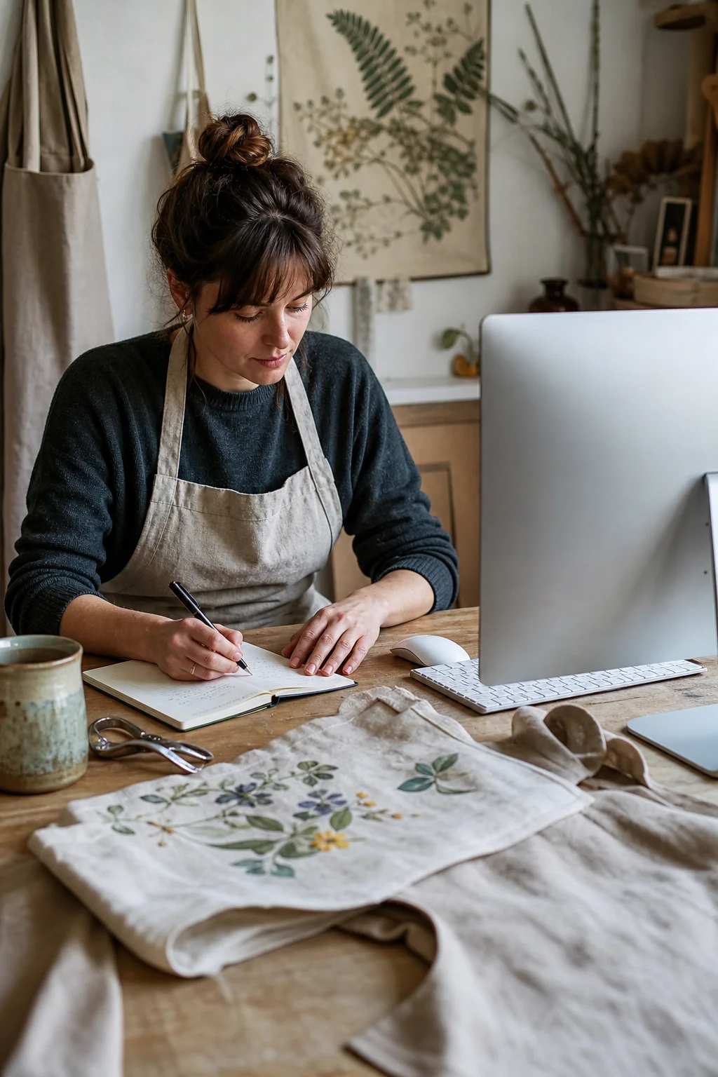 AI-generated editorial photograph of a linen maker thoughtfully replying at a desk beside unbranded textile samples