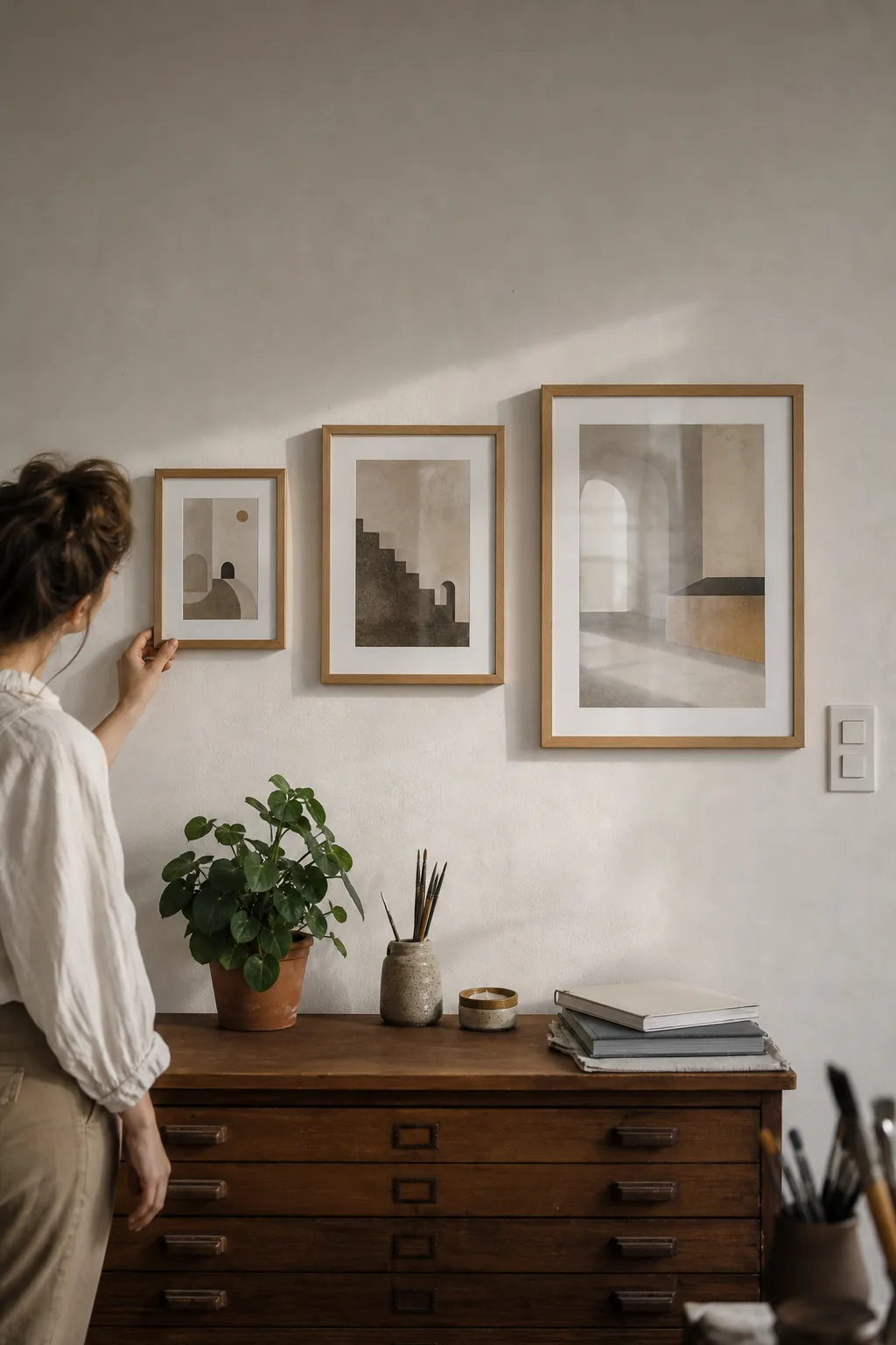 AI-generated editorial photograph of three framed art prints in A5, A4 and A3 hung on a wall above a small sideboard, with a standard light switch visible for scale