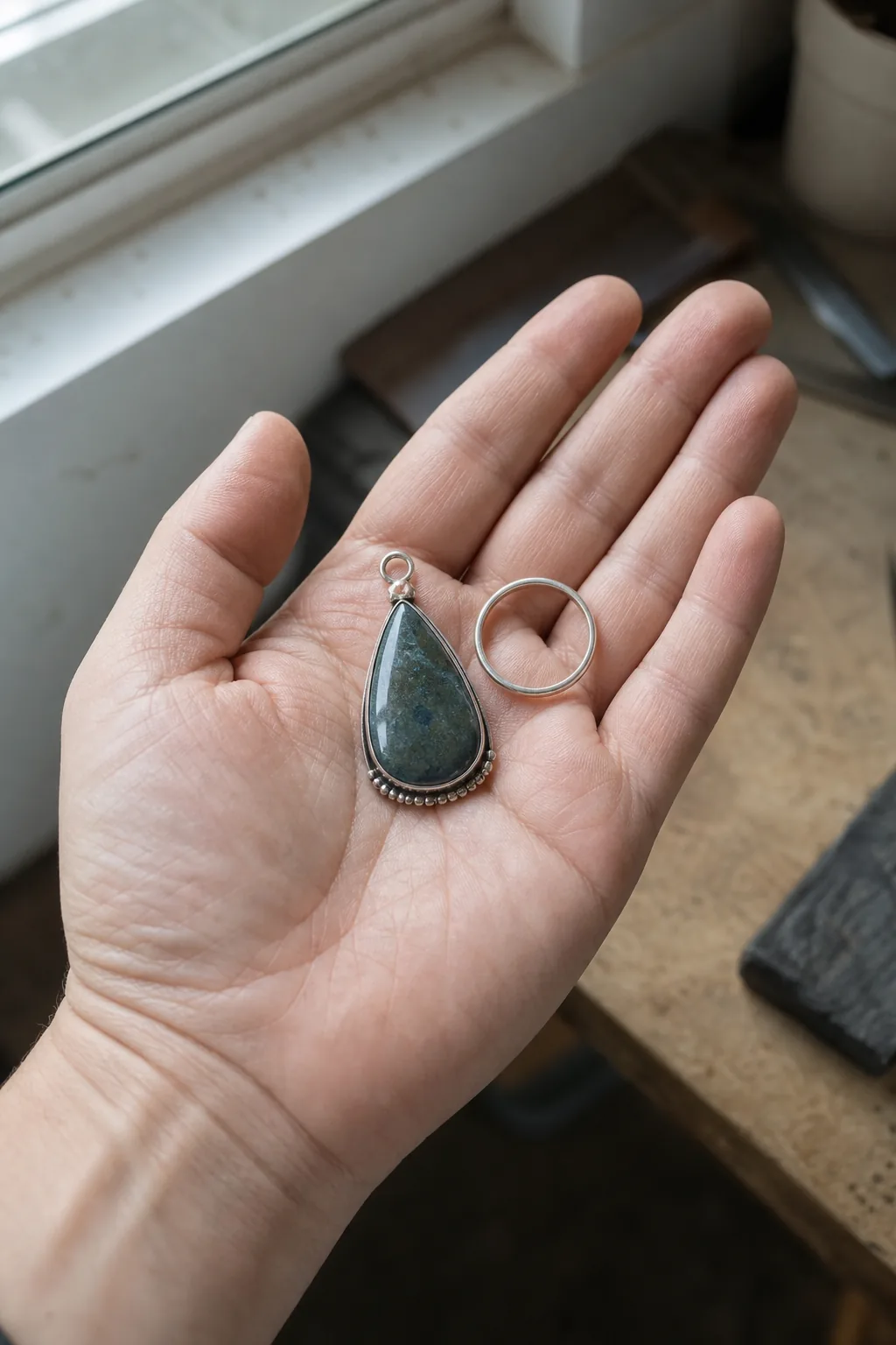 AI-generated editorial photograph of a maker's hand holding an unbranded pendant and ring to show their scale