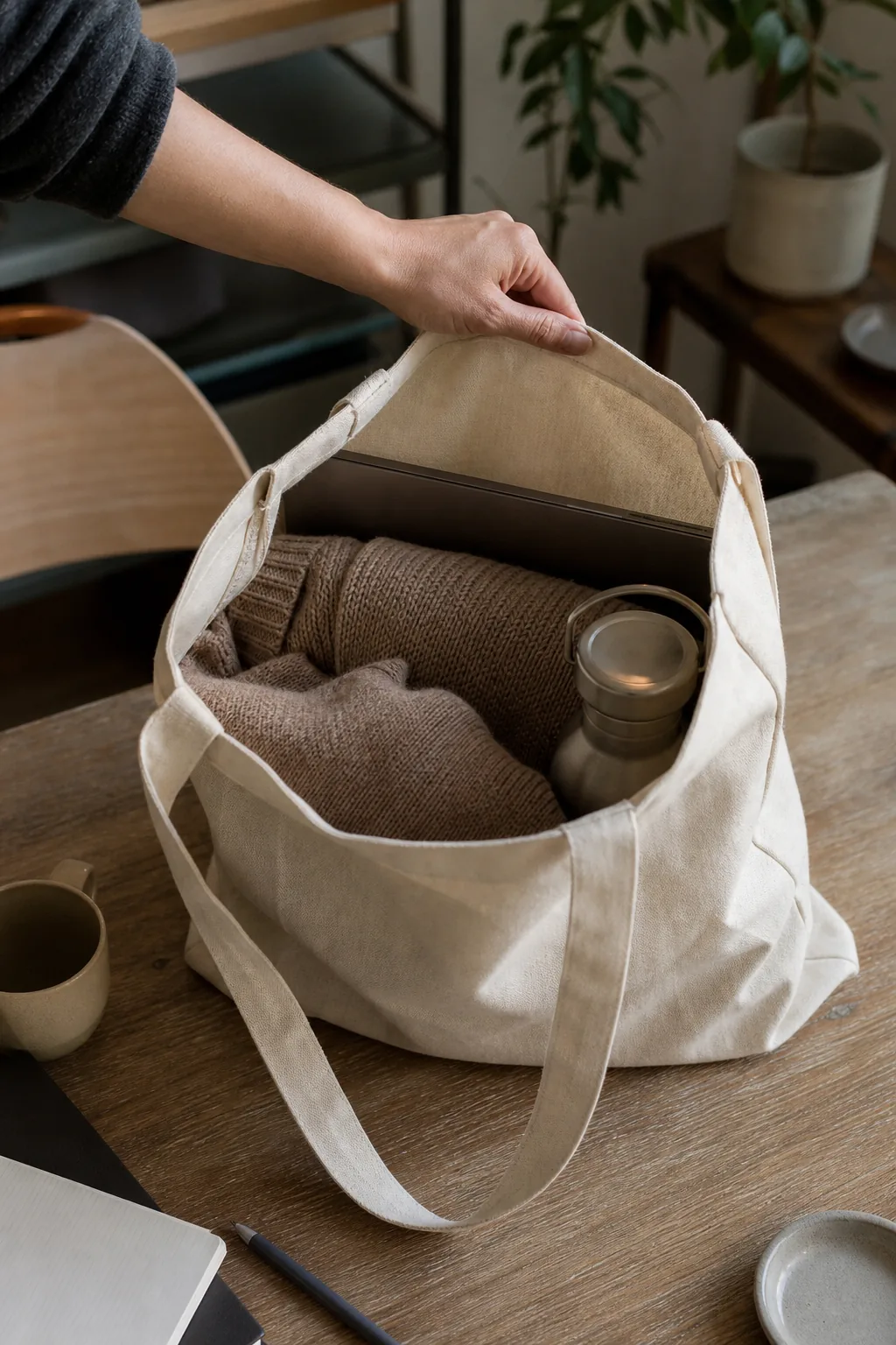 AI-generated editorial photograph of a maker holding open an unbranded canvas tote containing a laptop, jumper and water bottle