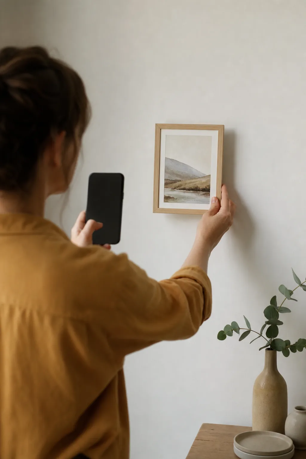 AI-generated editorial photograph of a maker holding a framed print against a wall while recording it with a phone whose screen is turned away