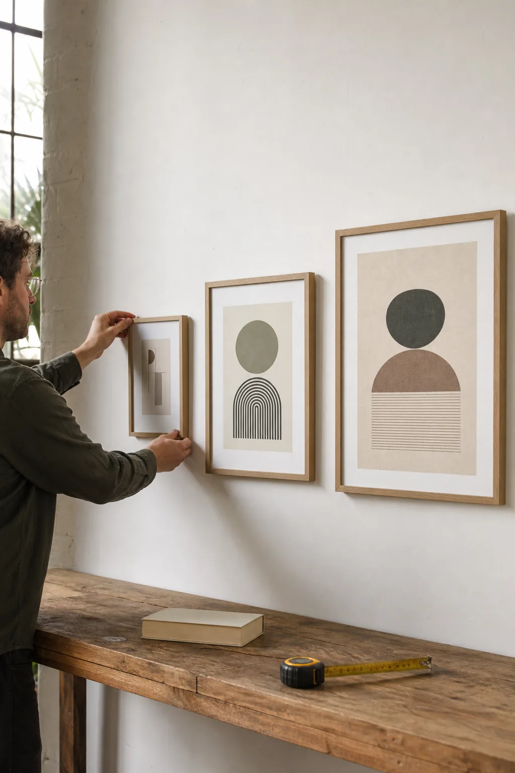 AI-generated editorial photograph of a maker arranging three framed prints from small to large beside a blank measuring tape and paperback book