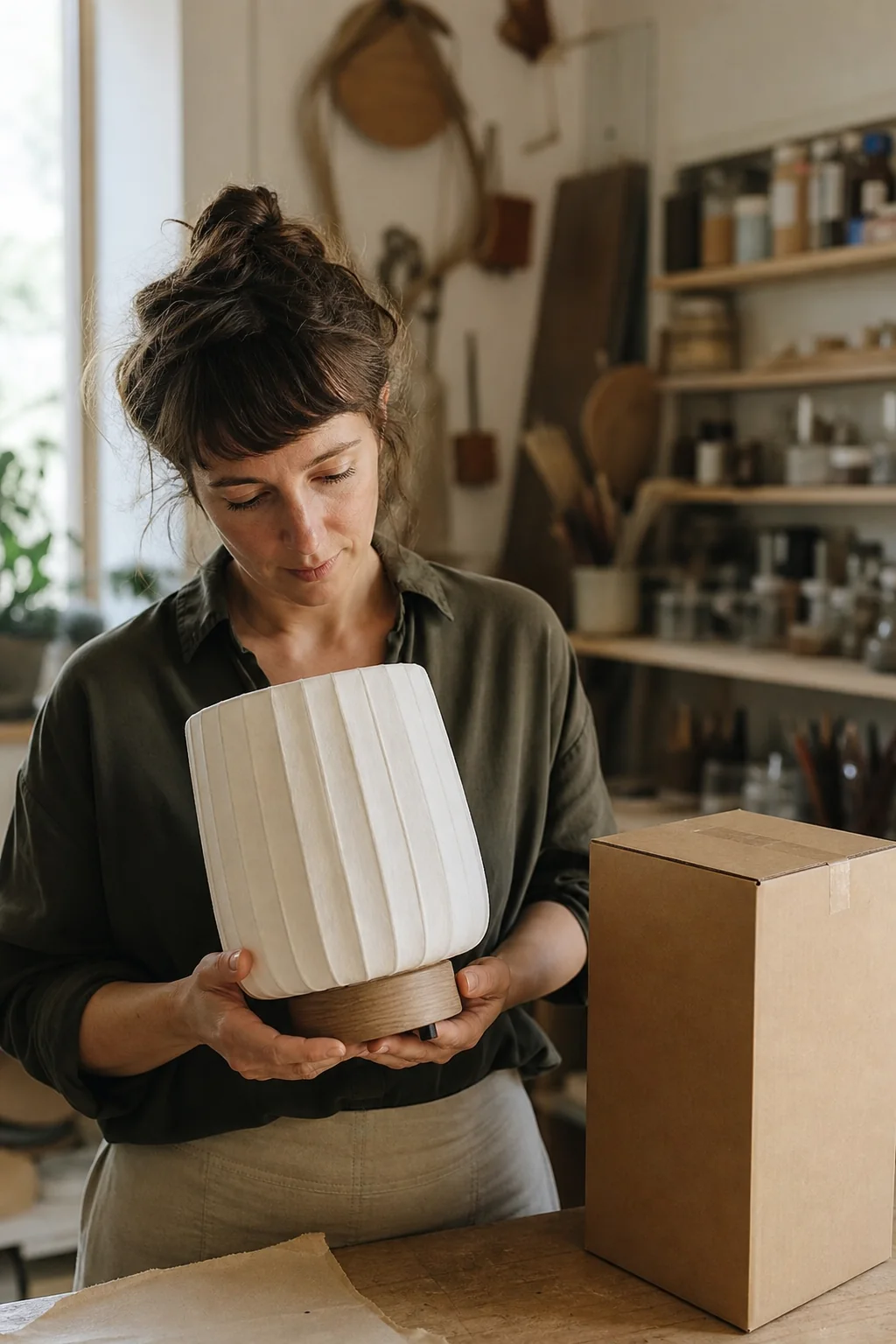 AI-generated editorial photograph of a maker holding an unbranded handmade paper lamp beside a plain product box