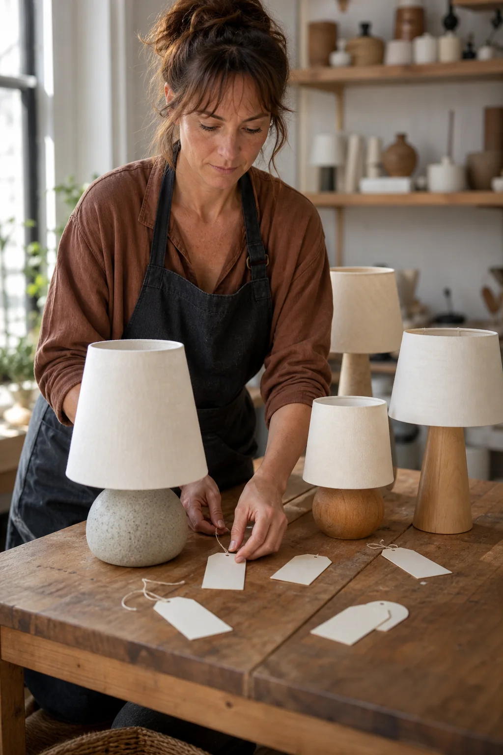 AI-generated editorial photograph of a lamp maker arranging unbranded handmade lamps and blank paper tags