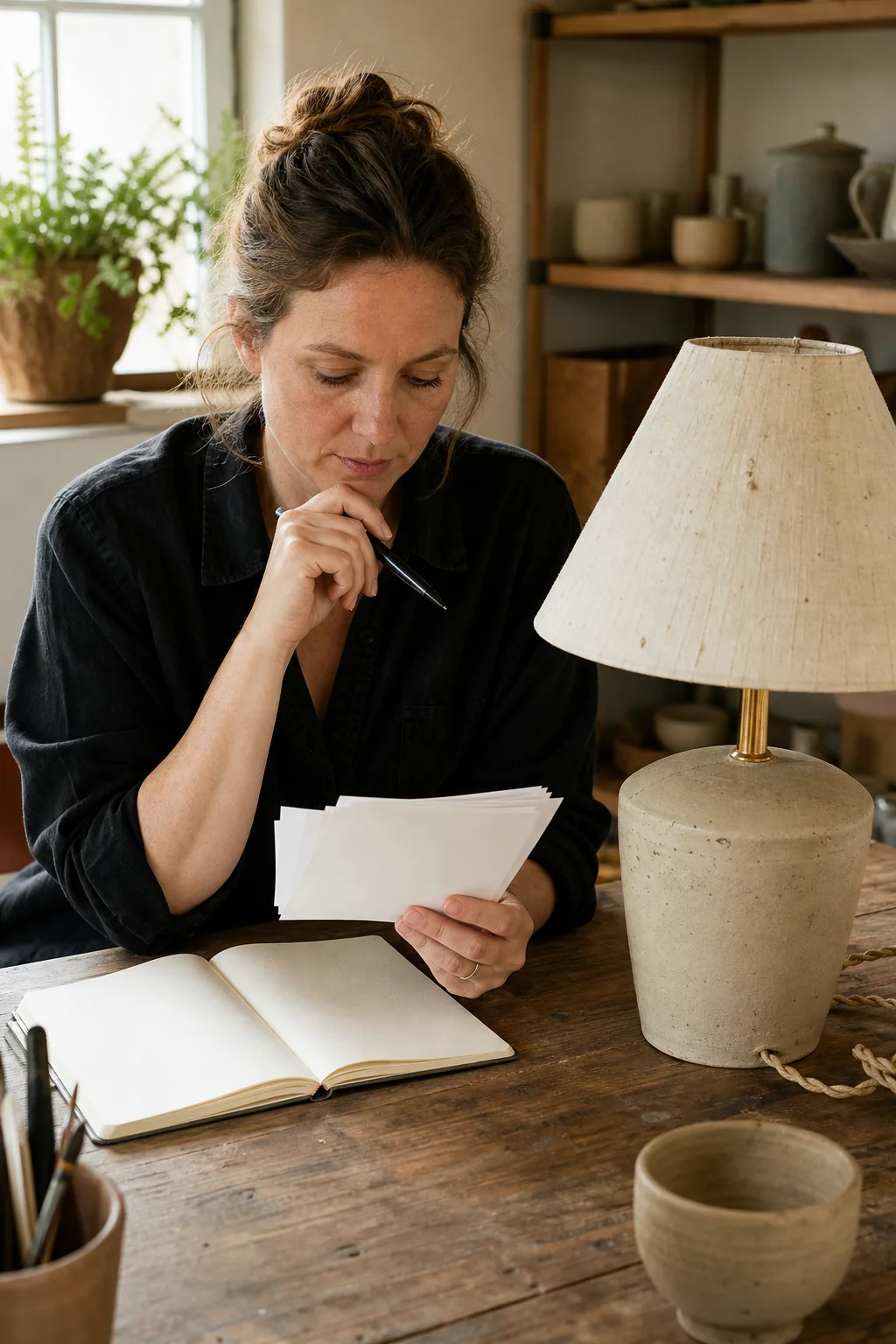 AI-generated editorial photograph of a maker reviewing blank customer notes beside a handmade lamp