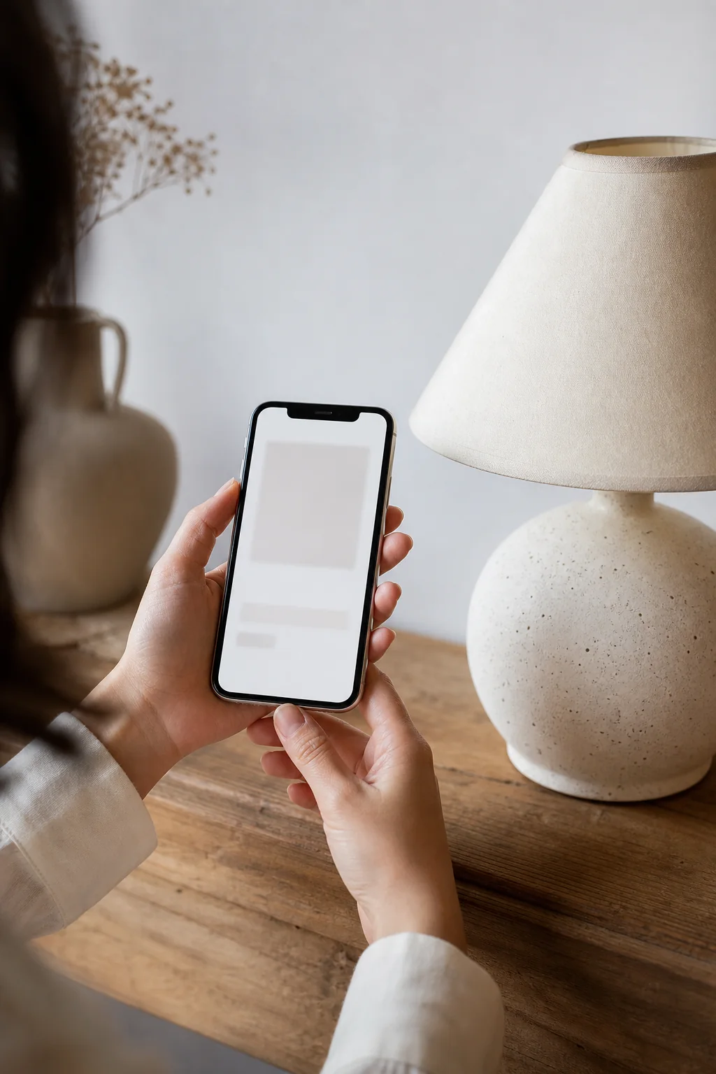 AI-generated editorial photograph of hands holding a smartphone with an unreadable blank screen beside a handmade lamp