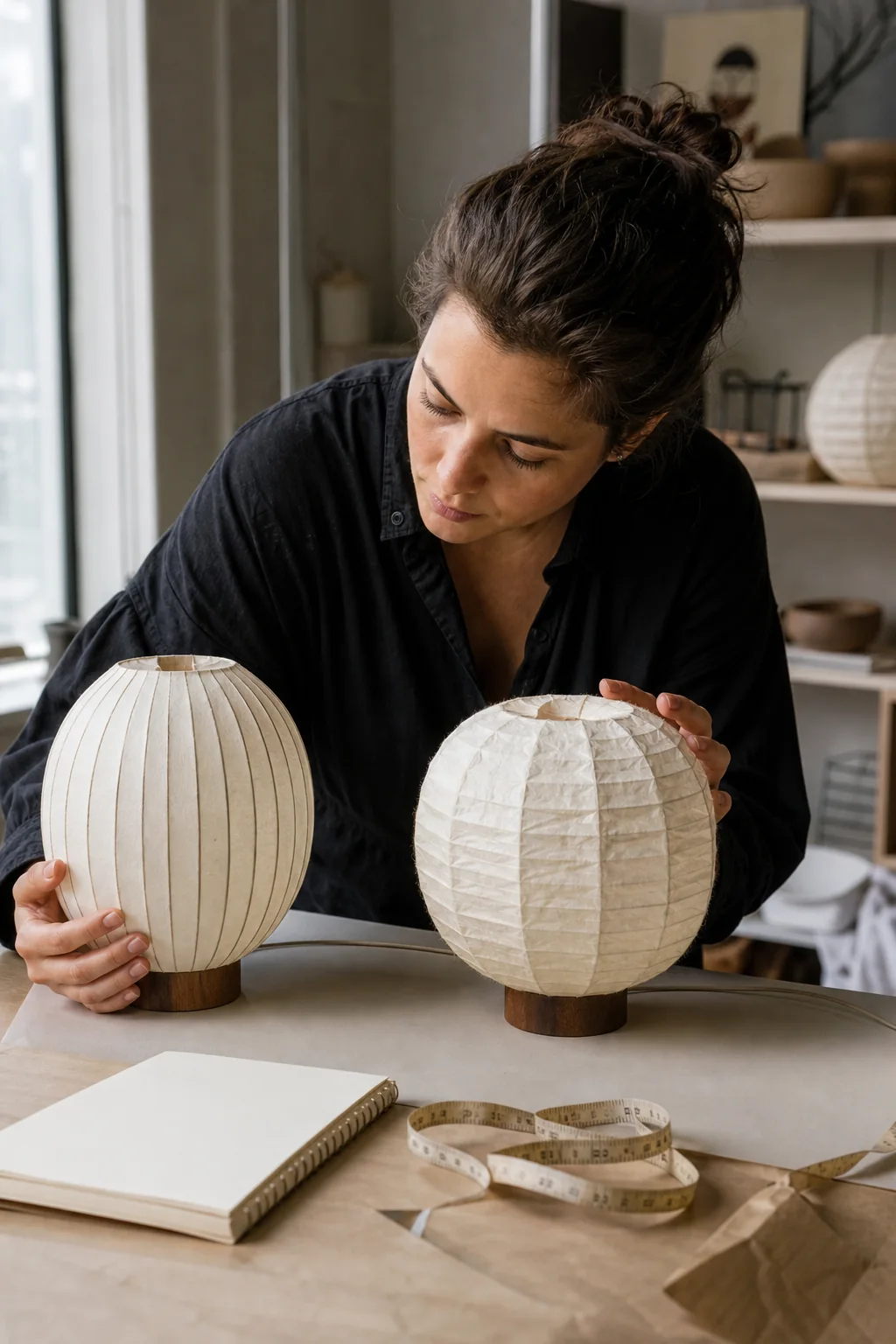 AI-generated editorial photograph of a maker comparing two subtly different handmade paper lamps on a worktable