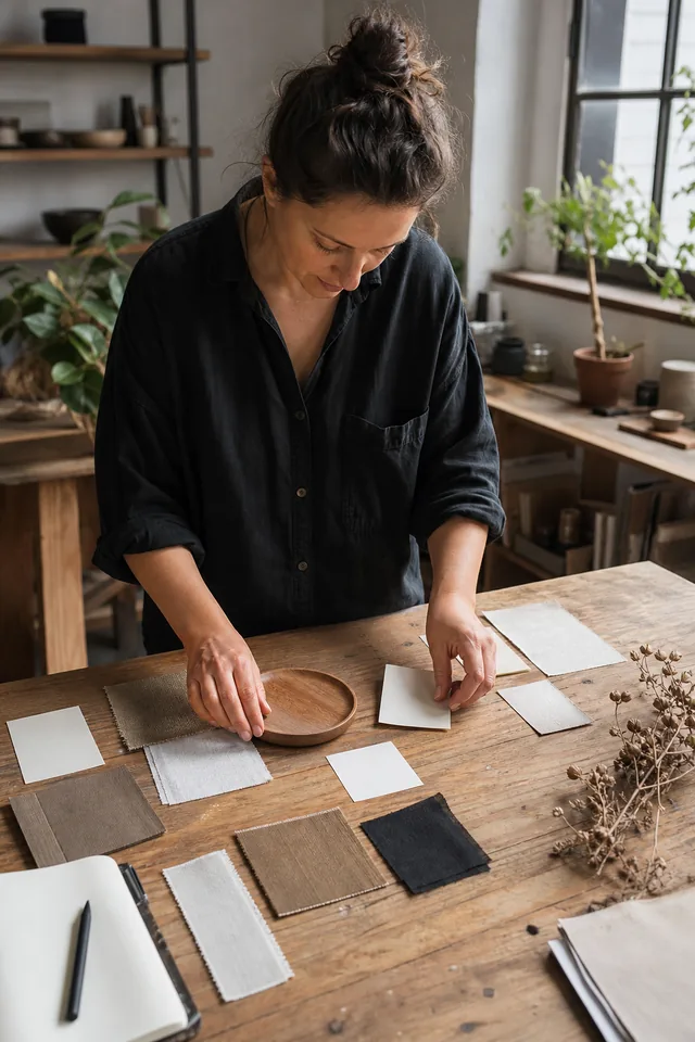 Maker arranging a plain product, material samples and blank cards before writing.