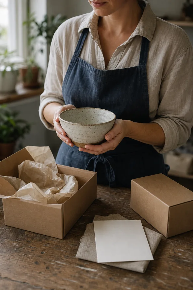 Maker holding a plain handmade item beside neutral packaging and a blank card.