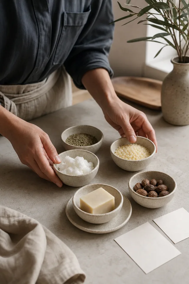 Hands sorting ordinary unbranded materials and a plain finished object into bowls.