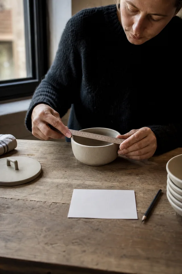 Maker measuring a plain object beside a blank card and pencil.