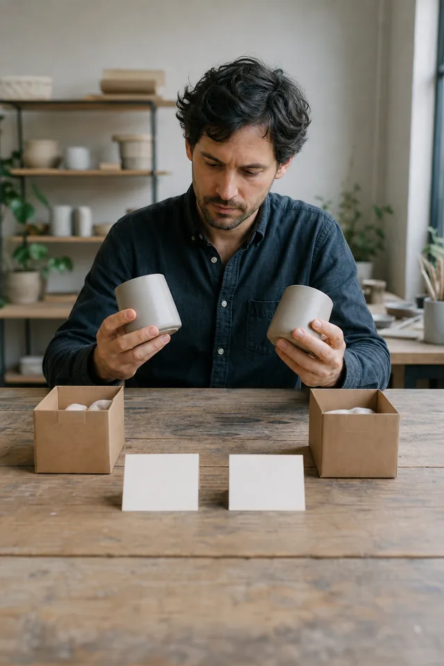 Maker comparing two plain product variants with blank cards.
