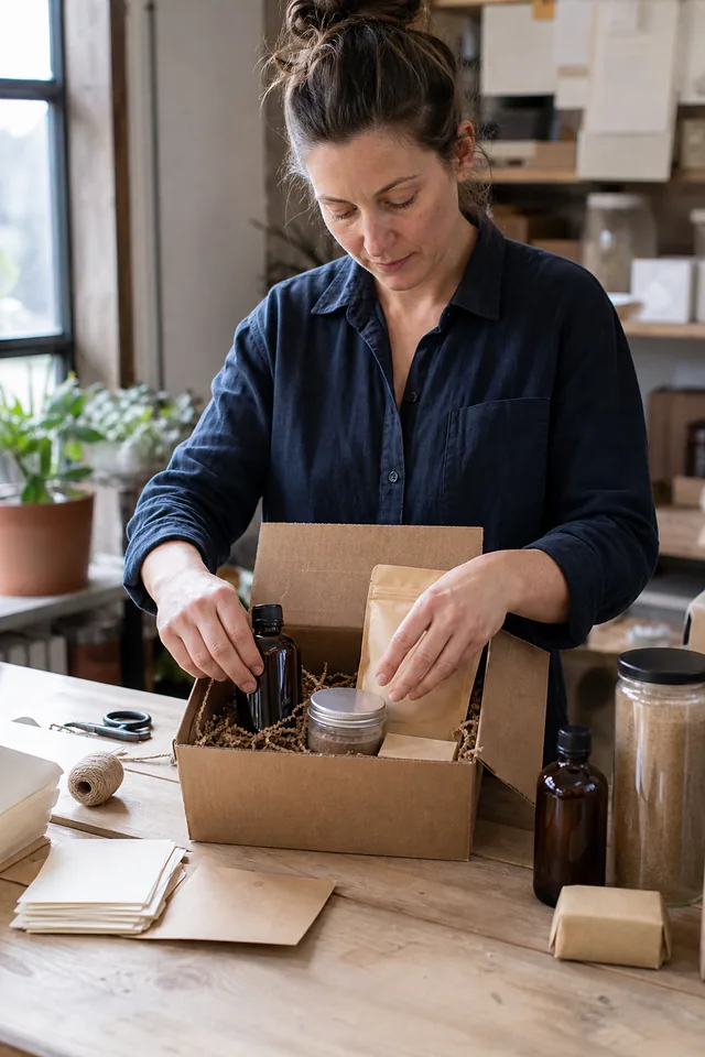Maker arranging plain containers and a parcel into an unbranded bundle.
