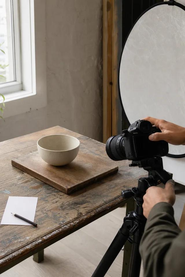Maker photographing a plain object with a camera and reflector.