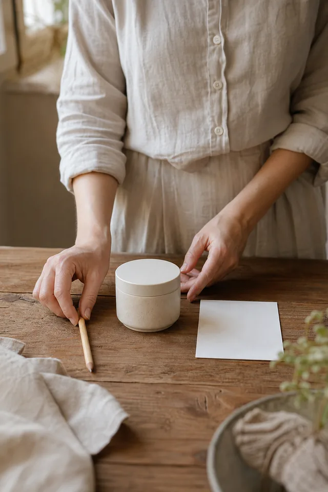 Maker placing a pencil beside a plain product and completely blank fact card.