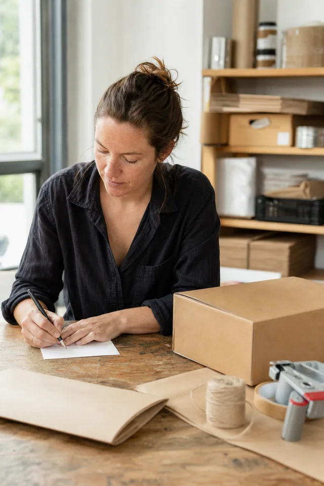 Maker reviewing a blank route card beside a plain parcel.