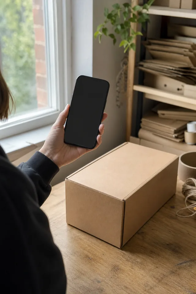 Maker holding a turned-away phone beside a plain parcel.
