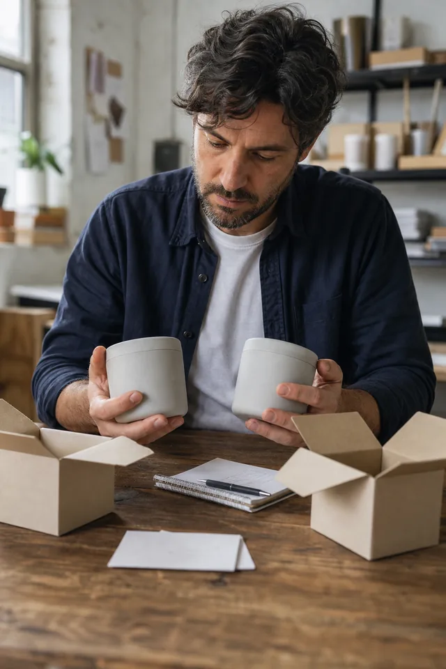Maker comparing two plain product variants on a worktable.