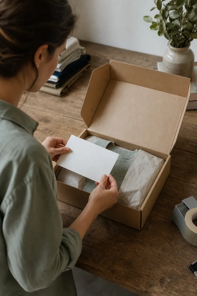 Maker checking the contents of an open plain parcel and blank card.