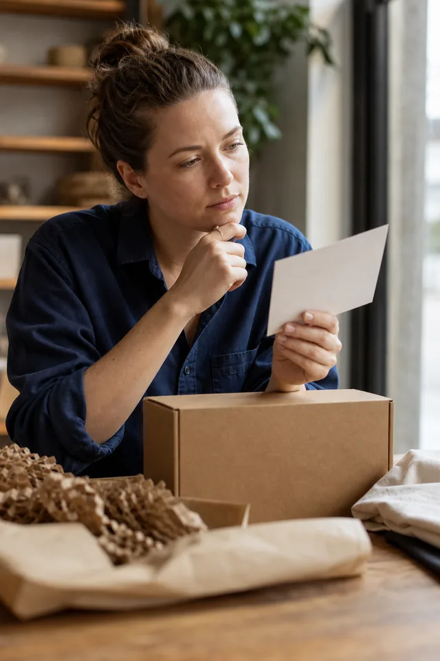 Maker considering a turned-away phone beside a plain parcel.