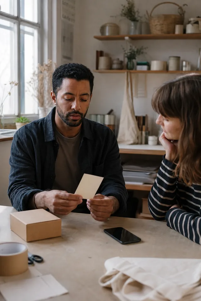 Two makers checking a blank card, phone and plain parcel together.
